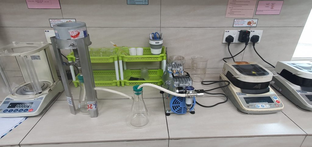 Portable laboratory kit for on-site filtration testing.